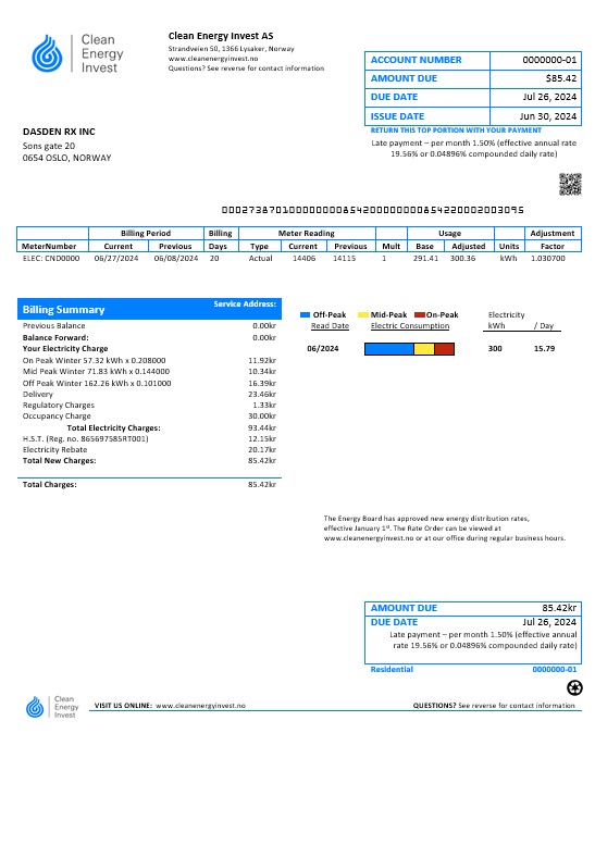 Norway Clean Energy Invest AS business  utility bill template in Word and PDF formats, good for address prove